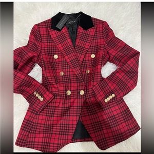 Banana Republic red plaid captain’s blazer *long* size